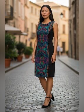 INC International Concepts Black Midi Dress with Multicolor Center Panel